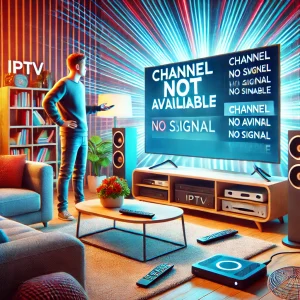 Smart TV with 'Channel Not Available' message and frustrated viewer.